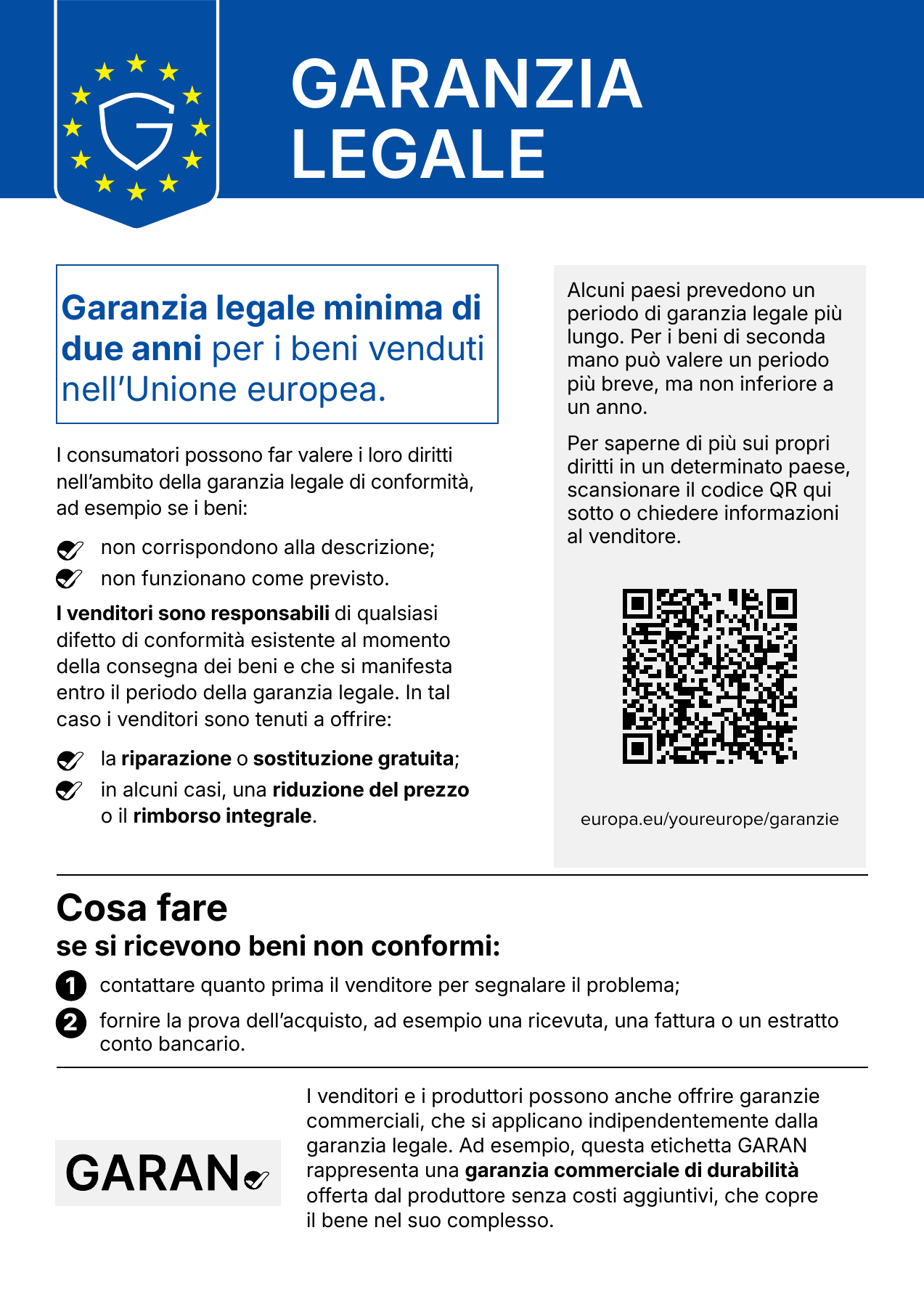 Avviso a colori sulla garanzia legale. Il testo integrale è riportato di seguito.