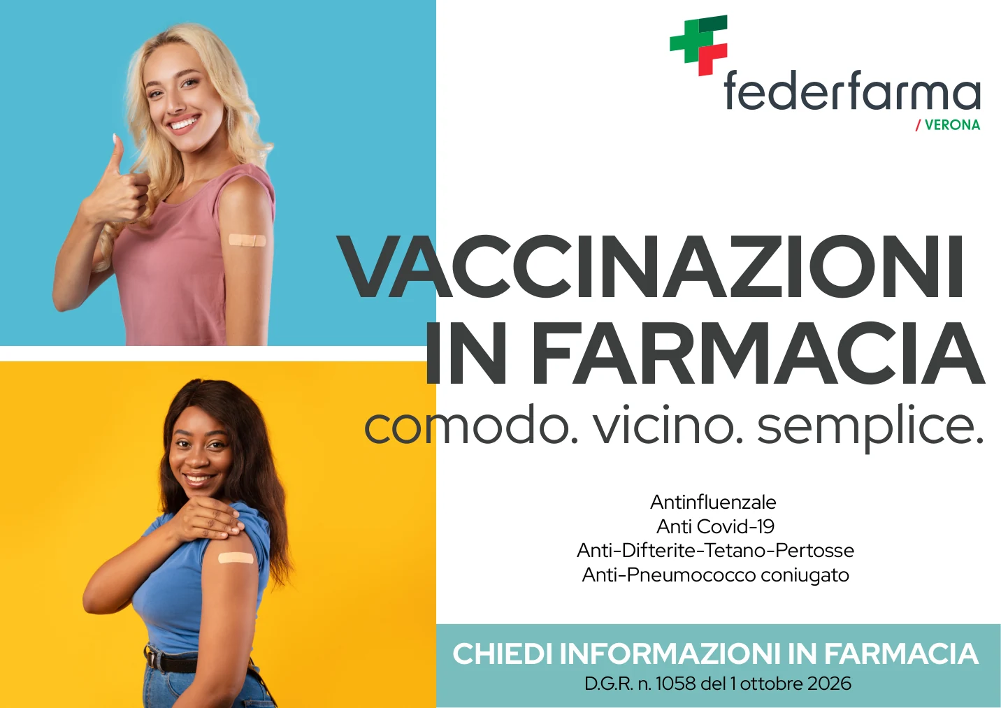 Vaccinazioni in farmacia: comodo, vicino, semplice. Antinfluenzale, anti Covid-19, difterite-tetano-pertosse, pneumococco coniugato.