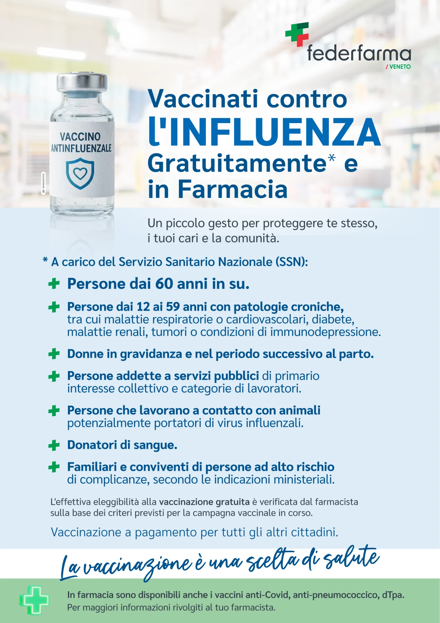 Locandina ufficiale Federfarma Veneto 2026–2027 sui criteri di vaccinazione antinfluenzale gratuita.